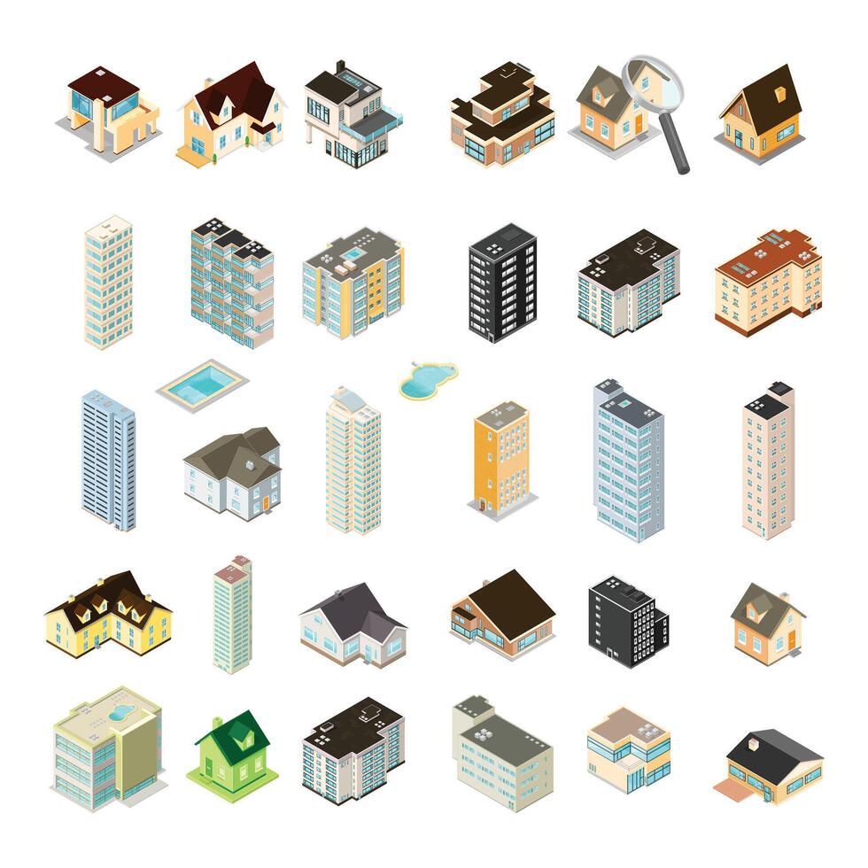 Isometric illustration set of homes, hotels and apartments. Generic residential homes, hotels and renting accommodation properties vector