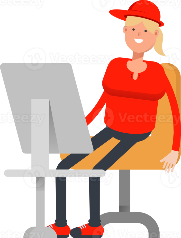 Girl Character Working on Desktop png