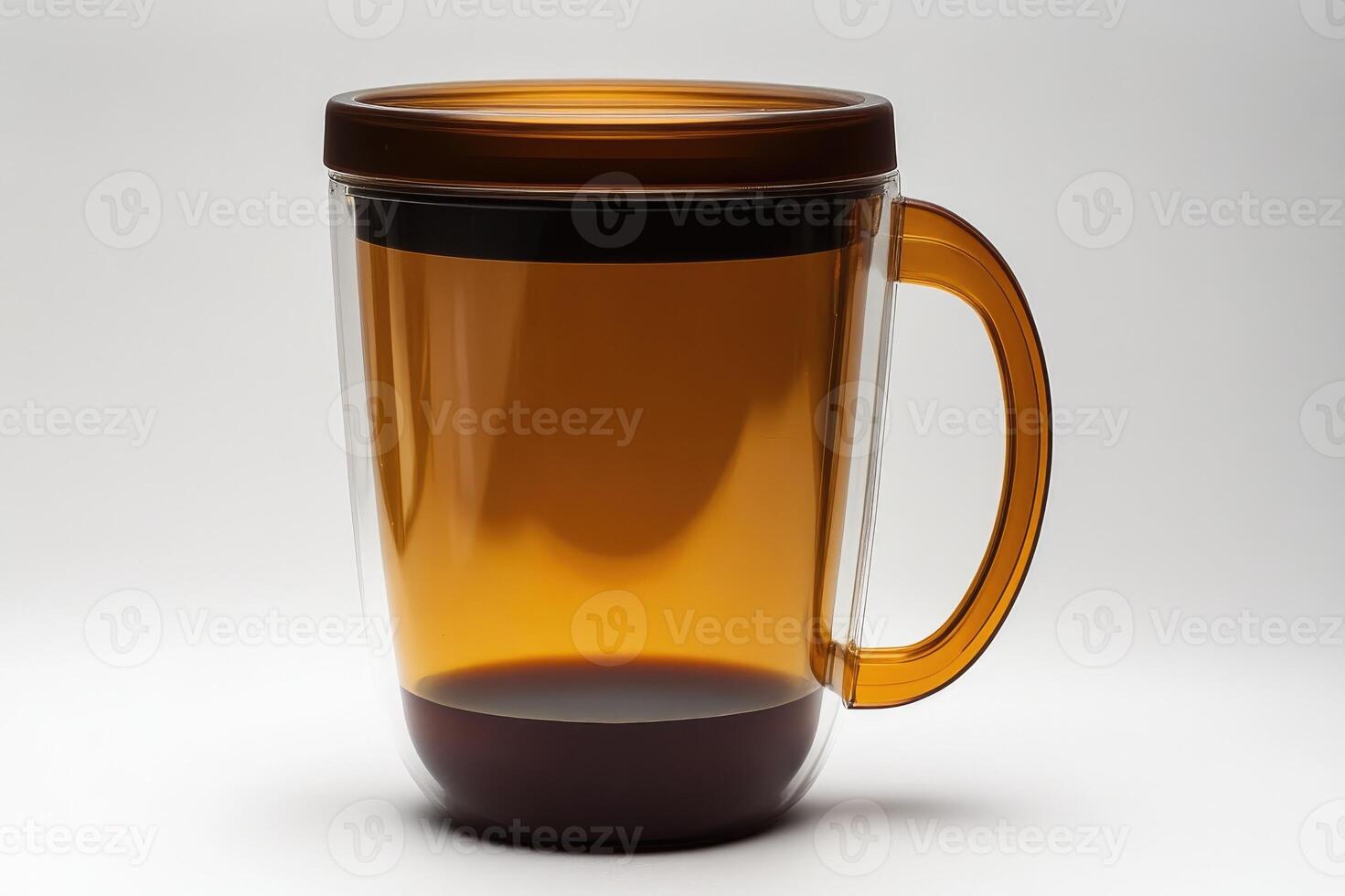 Double-walled insulated coffee mug with brown lid and handle on white background photo