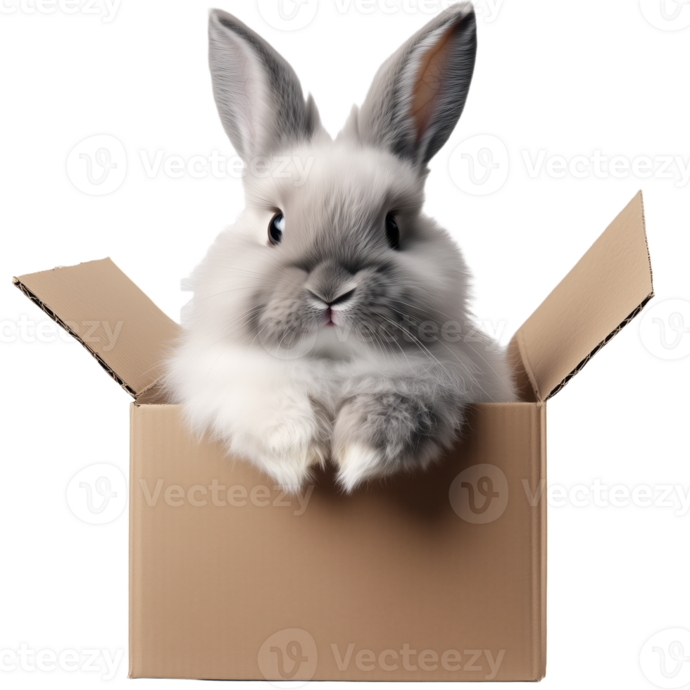 Adorable Fluffy Bunny Surprising Everyone from a Cardboard Box png