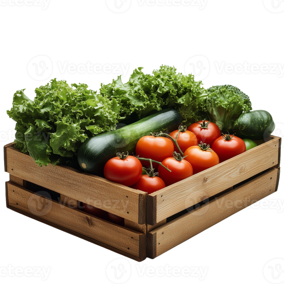 Vibrant Fresh Vegetables in a Rustic Wooden Crate Display png
