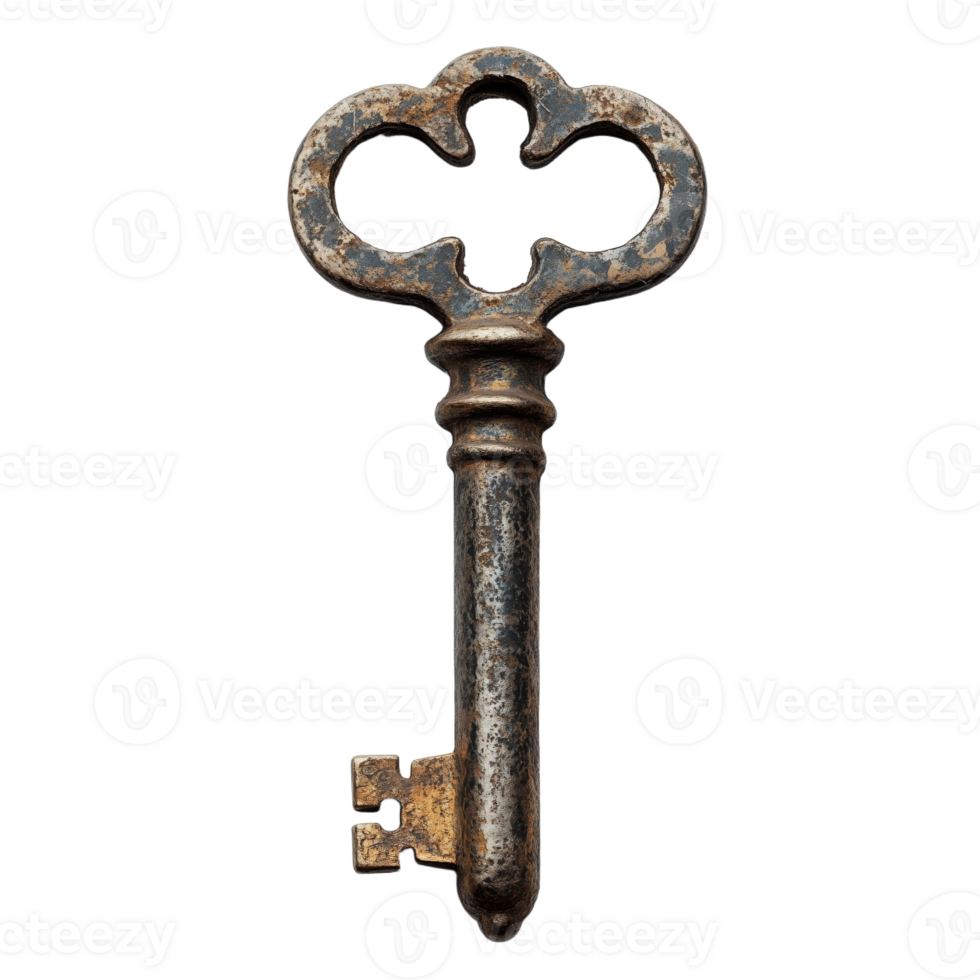 Antique Ornate Metal Key with Intricate Design and Distressed Finish png