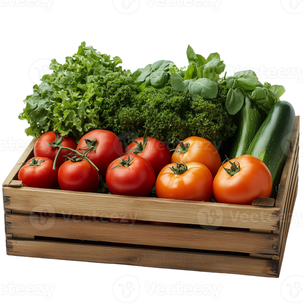 Fresh Assorted Vegetables in a Wooden Crate for Healthy Meals png