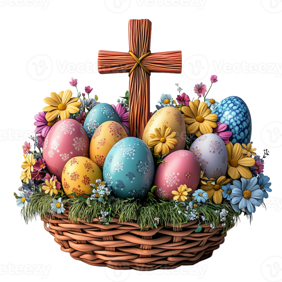 Joyful Easter Basket with Colorful Eggs and Beautiful Flowers png