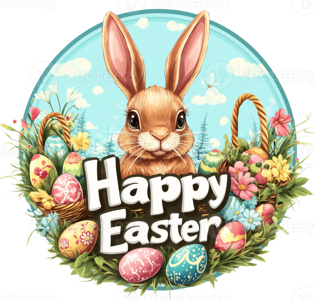 Charming Easter Bunny Surrounded by Colorful Eggs and Spring Flowers png