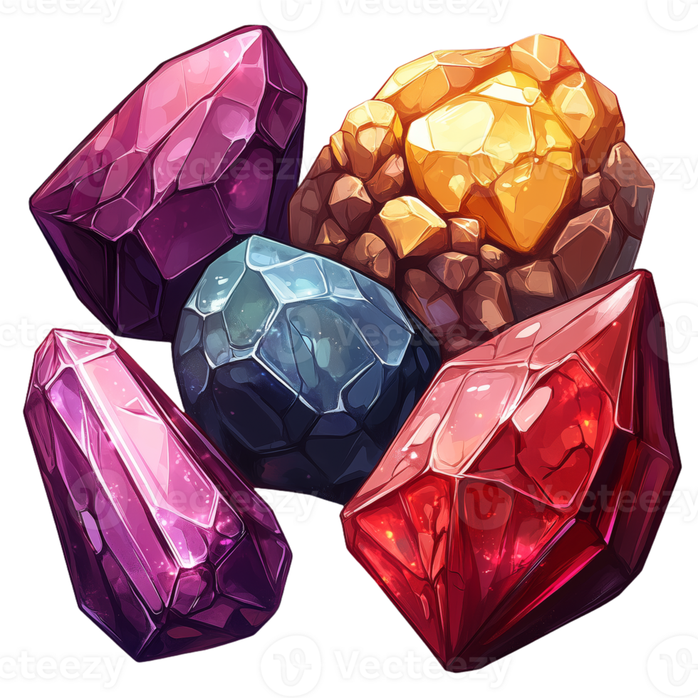 Collection of Vibrant Gems and Crystals in Various Shapes png