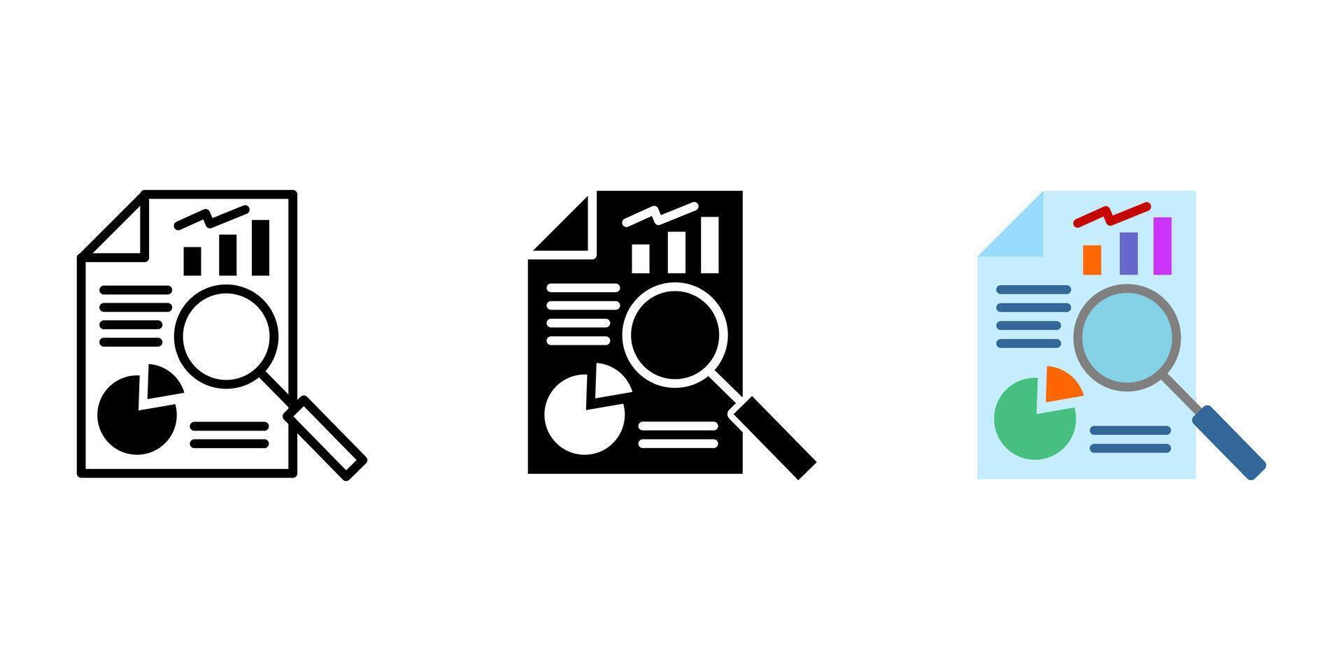 Document with diagram and magnifying glass icon. Business analysis sign. Finance datum symbol. Statistic with pie chart and graph illustration. vector