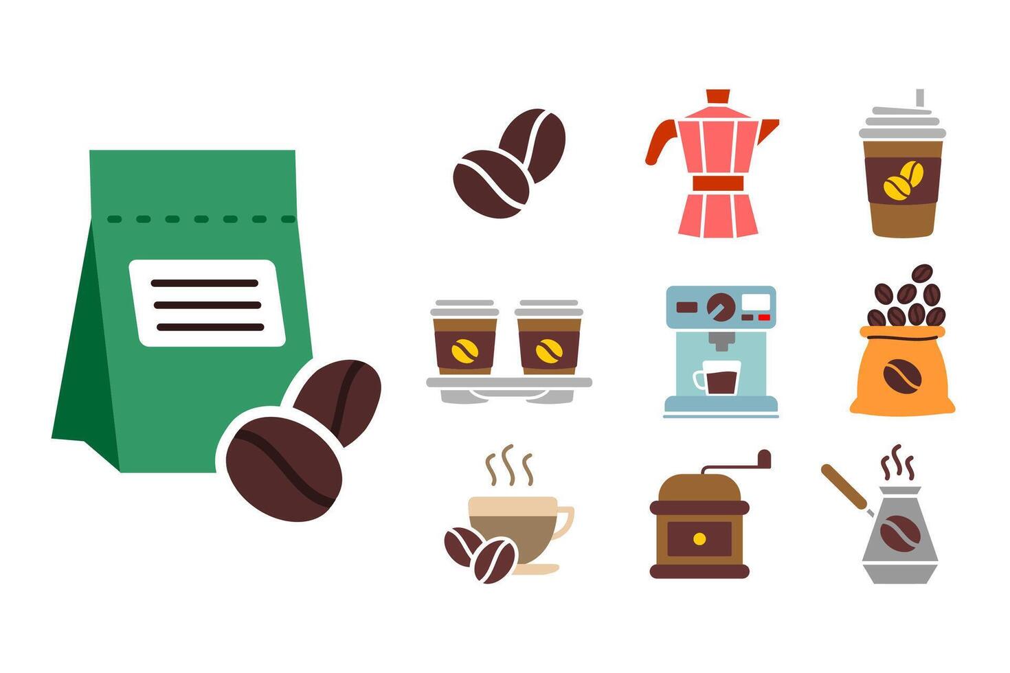 Coffee shop or cafe icon set. Coffee beans, paper cups and package pictogram. Espresso maker symbol. Barista equipment. Roasted grinder sign. vector