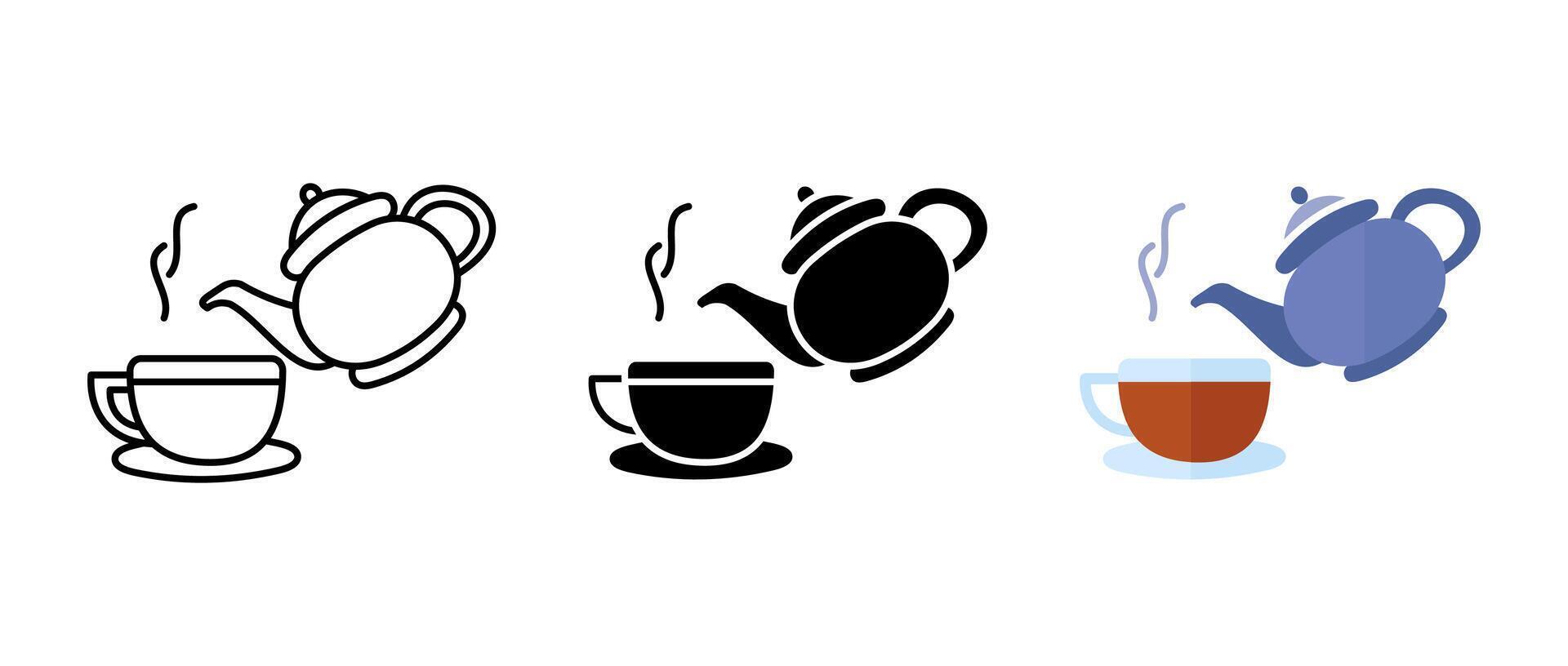 Tea pot with cup icon. Tea is pouring from the kettle illustration. Morning hot drink sign. Brewing beverage symbol. vector
