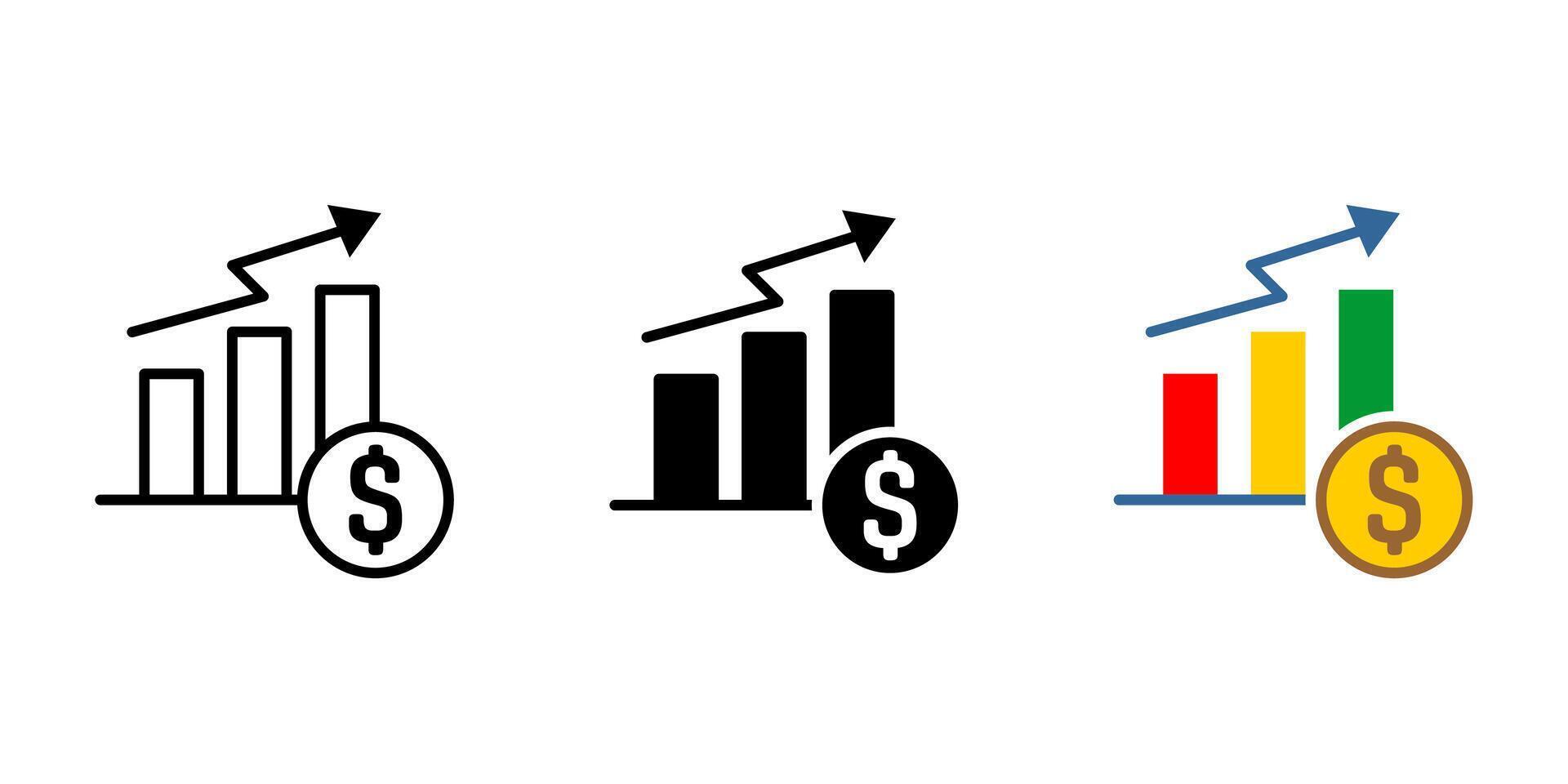 Investment chart icon. Dollar coin graph with growth arrow symbol. Financial increase diagram sign. Business marketing success pictogram. Economic color illustration. vector
