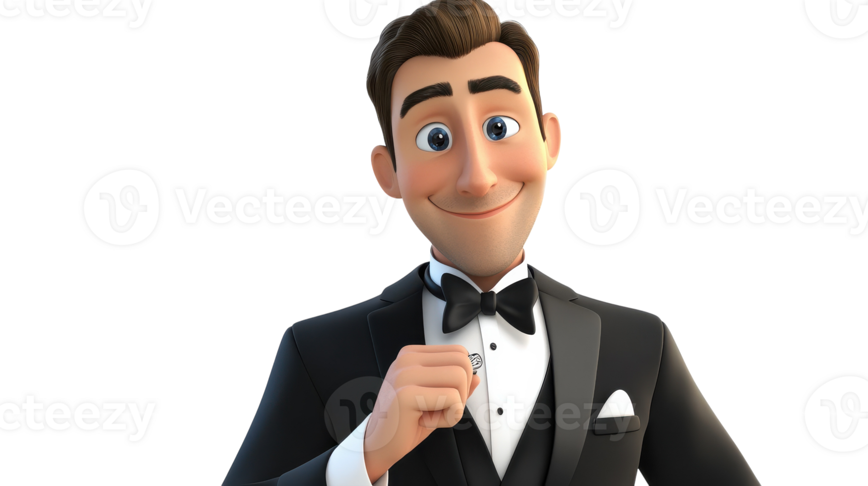 A dapper animated character in a tuxedo smiling confidently while holding a card, perfect for a formal event or celebration. png