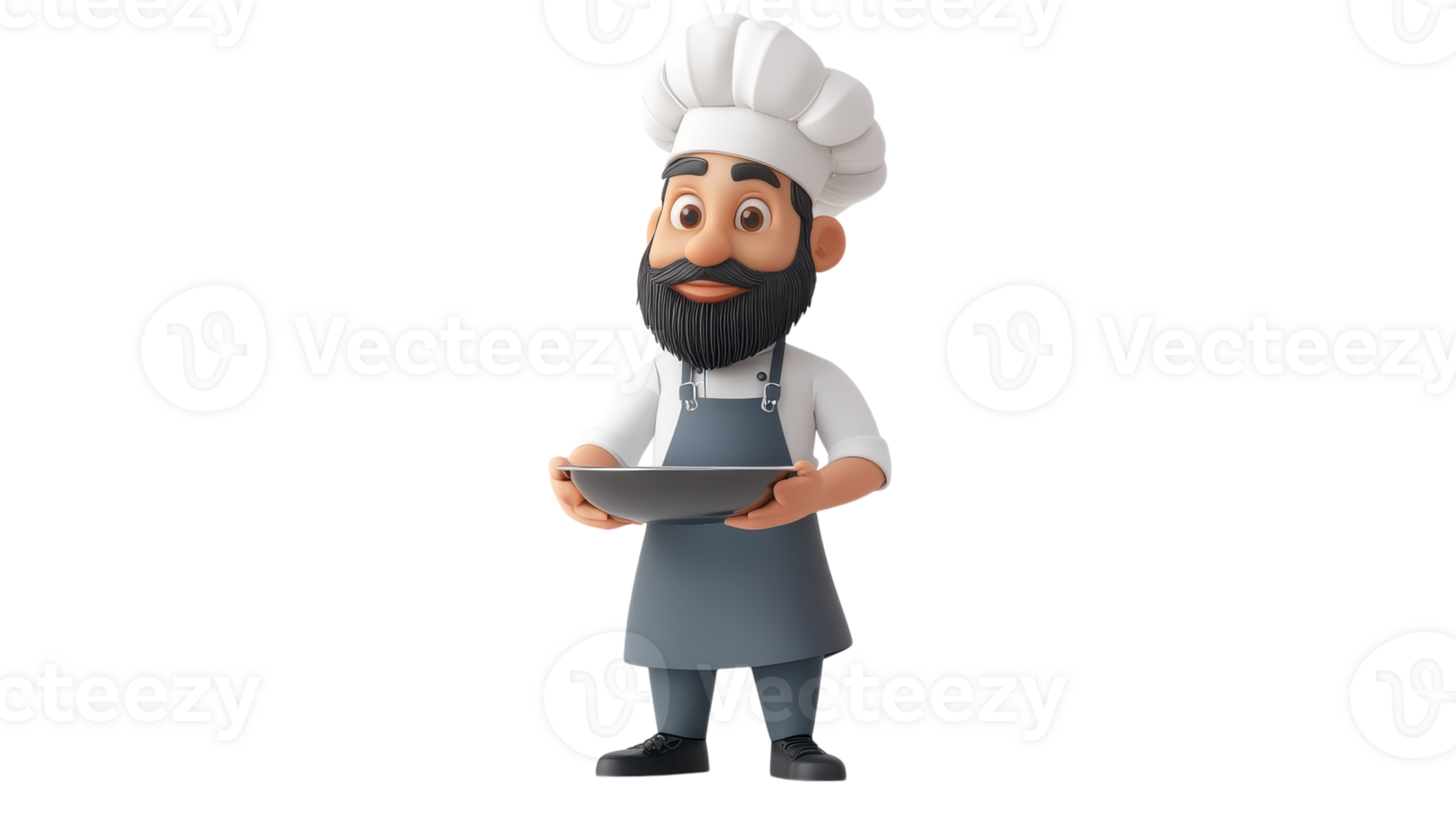 Cartoon chef character holding a serving plate in a modern kitchen setting, showcasing culinary skills and hospitality spirit. png