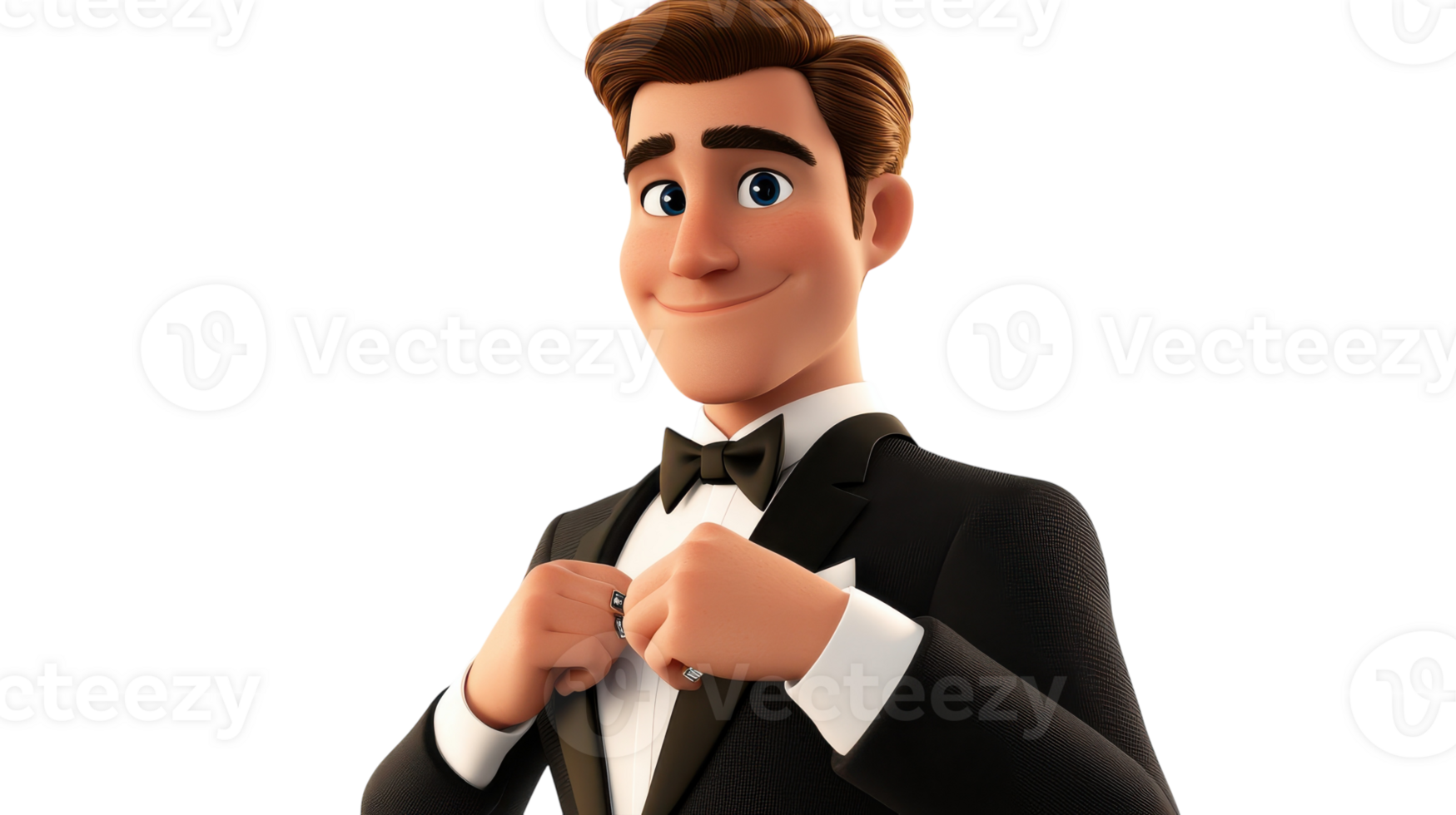 Animated character in a tuxedo confidently adjusting his bow tie with a cheerful expression against a plain background. png
