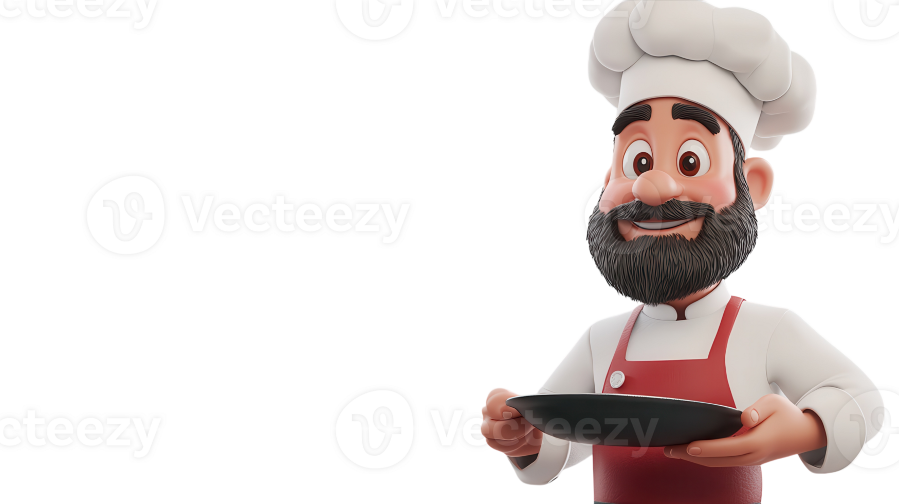 A cheerful cartoon chef holds a black plate in a kitchen setting, ready to serve delicious food to eager diners. png