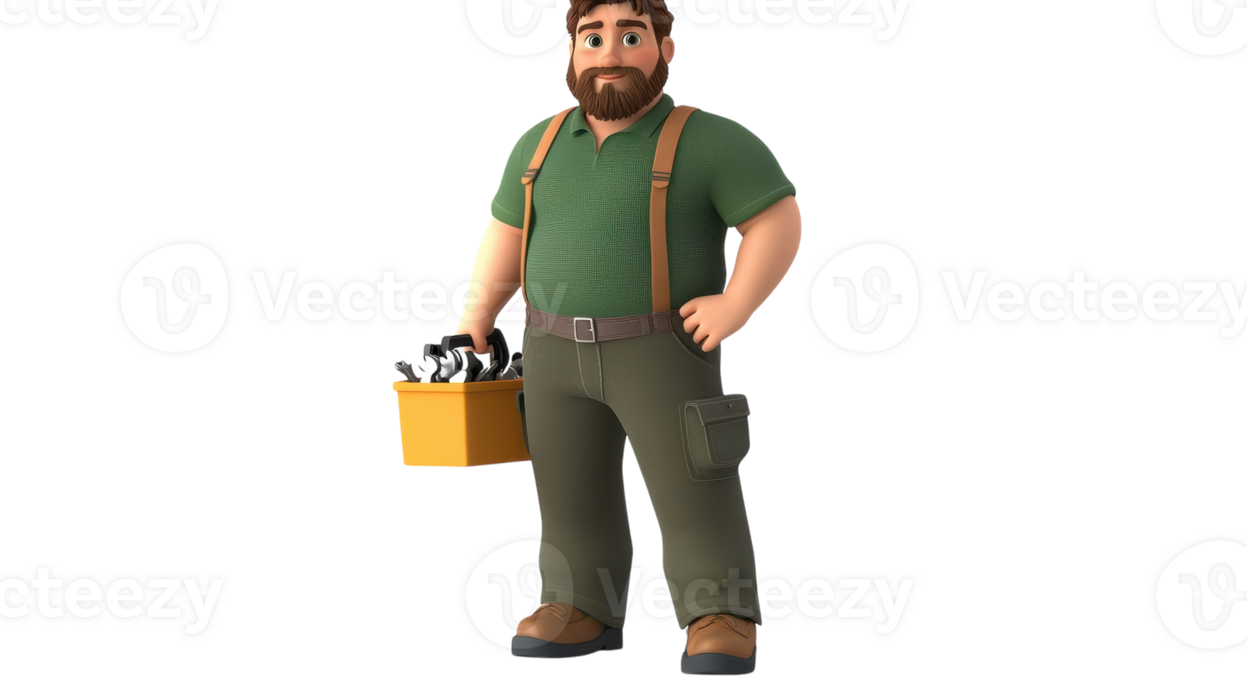 A cartoon character stands with a toolbox in a green shirt and suspenders, showcasing a friendly expression in a creative setting. png