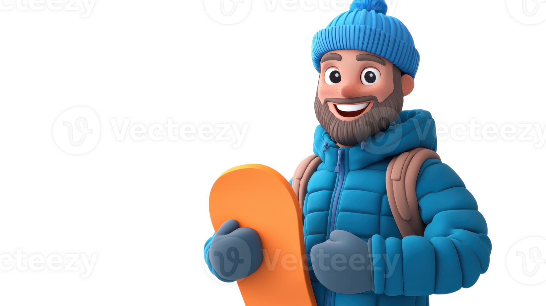 Cheerful snowboarding character wears winter gear while holding a snowboard against a transparent background. png