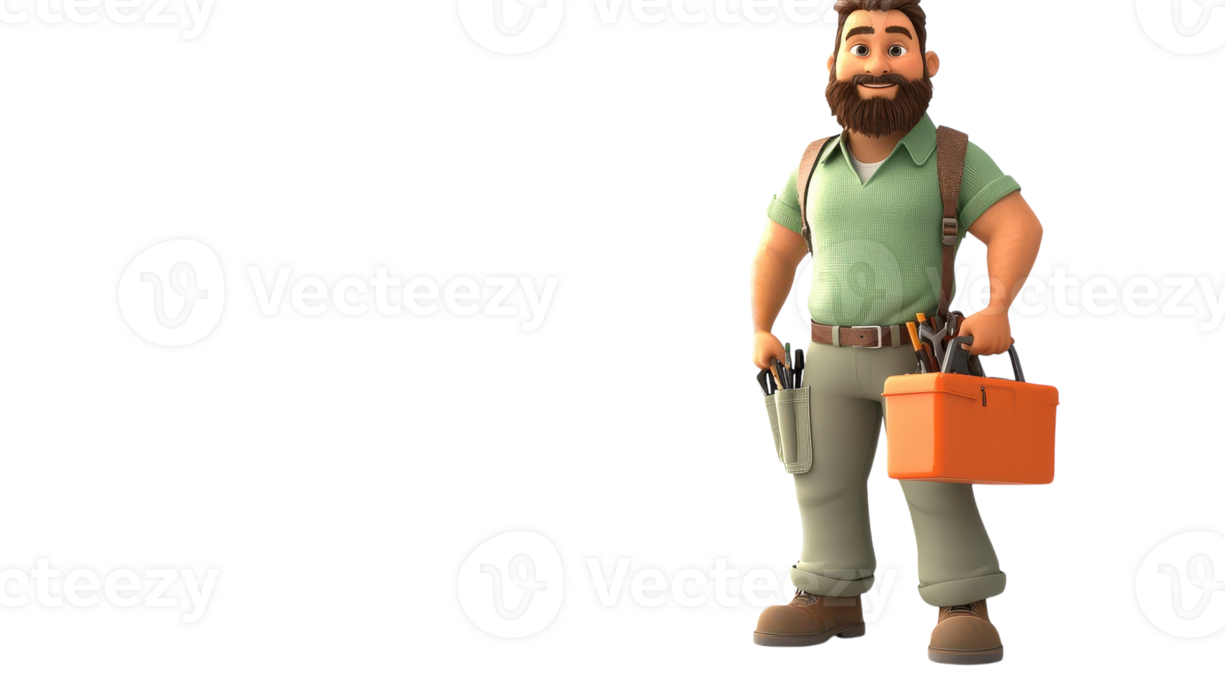 A cheerful handyman stands with tools in a bright orange toolbox ready for home repairs in a friendly, animated style. png