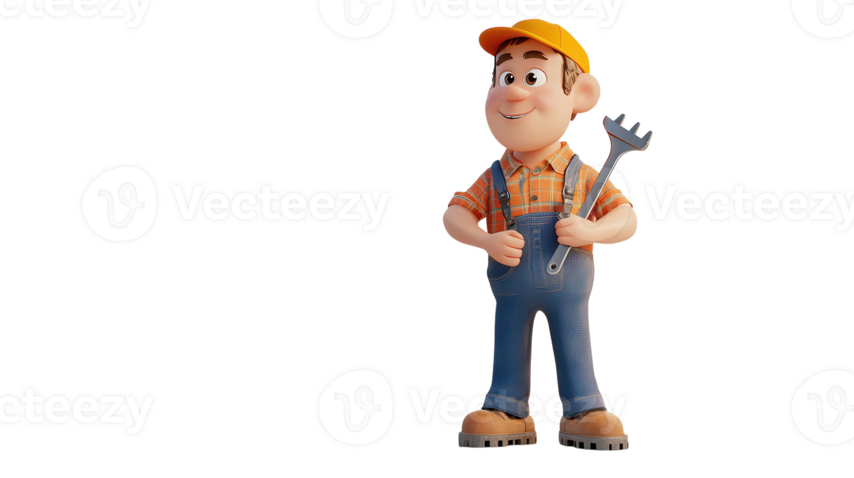 Friendly cartoon mechanic with a wrench standing confidently in a bright orange shirt and yellow cap against a transparent background. png