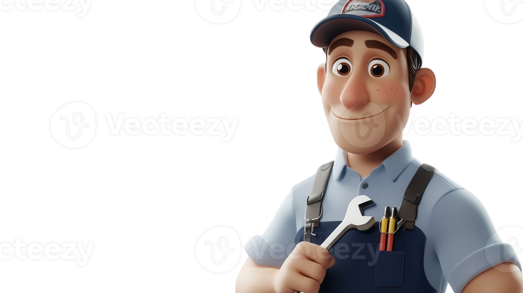A cheerful mechanic holding a wrench while wearing a work uniform, smiling warmly in a friendly workshop setting. png