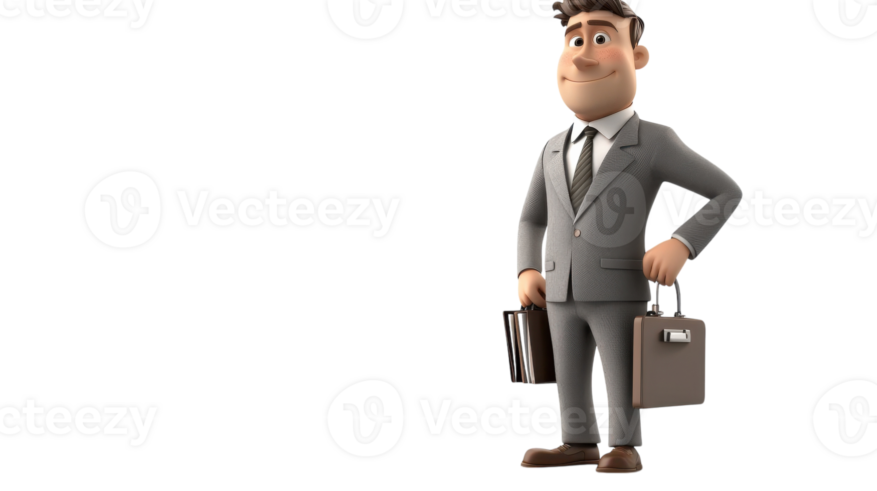 A cheerful business professional in a tailored gray suit holding a briefcase in a friendly pose against a clean background. png