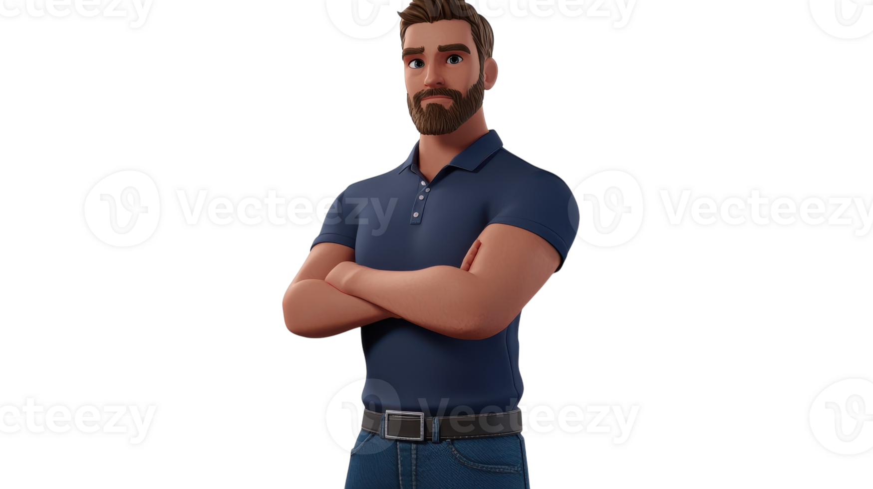 A confident young man with a beard stands with crossed arms in a casual outfit, ready to engage in conversation or activity. png