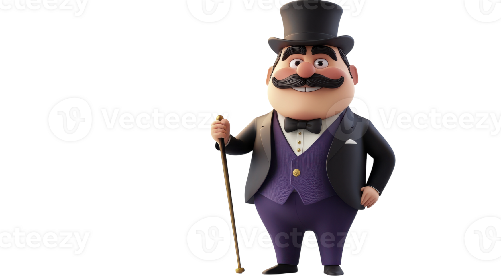 A well-dressed animated gentleman with a mustache holding a cane, showcasing a classic appearance and charm in a vibrant style. png