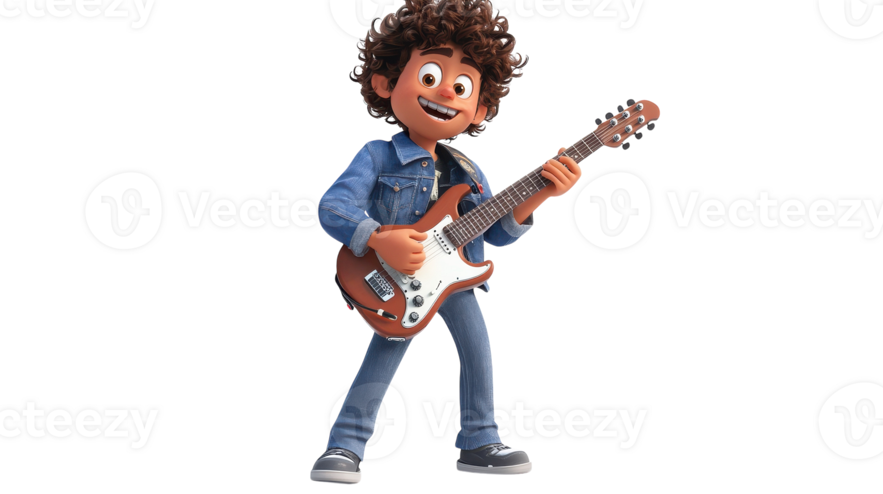 A cheerful young boy in a denim jacket plays guitar passionately with excitement and confidence in a lively atmosphere. png