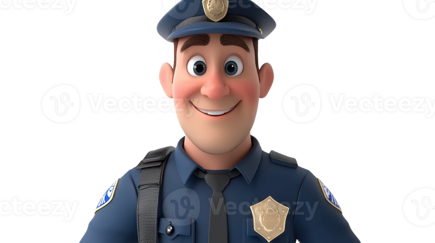 Friendly cartoon police officer with a smiling expression standing confidently in a police uniform inside a digital environment. png