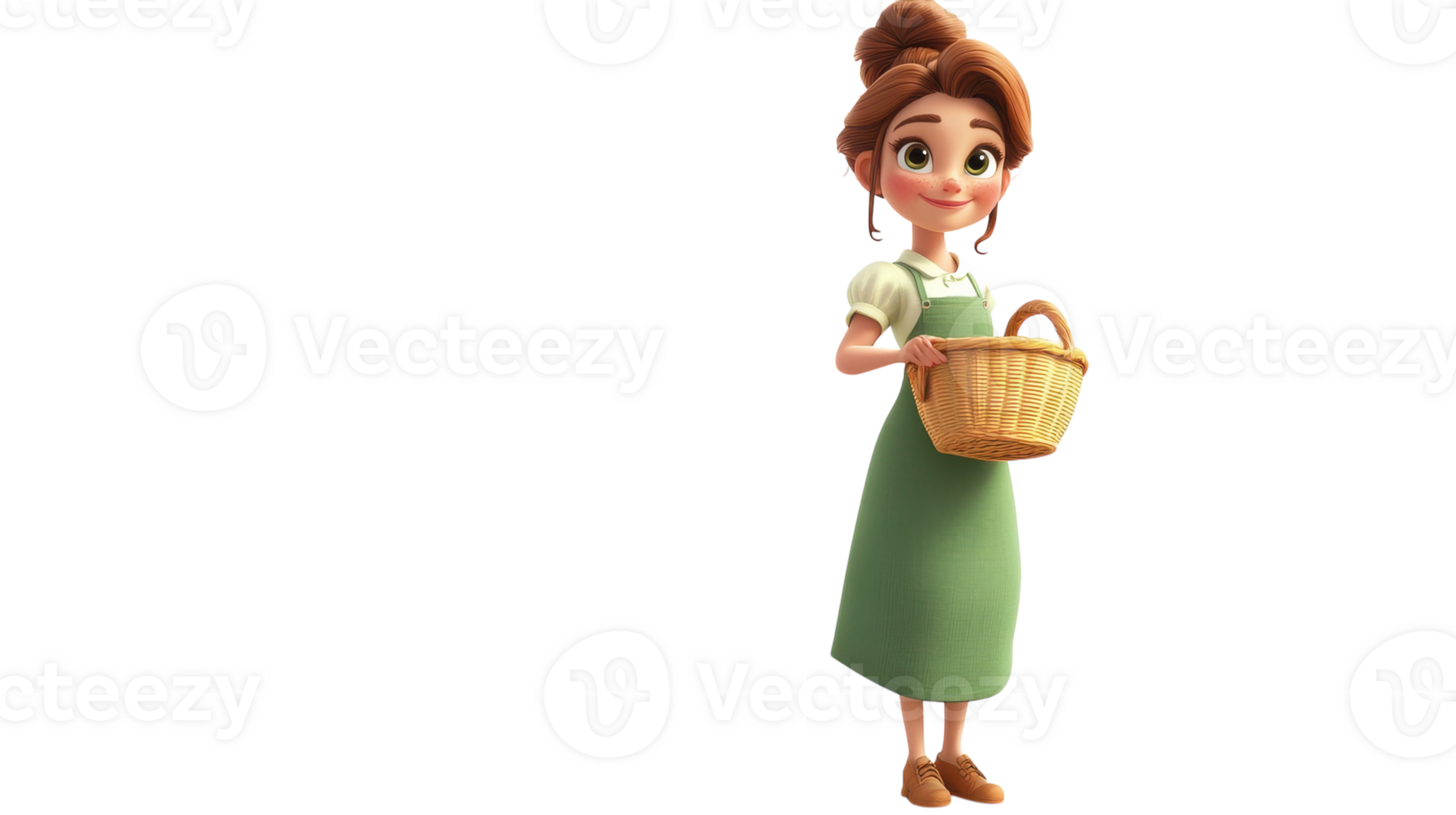 A young woman in a green apron holding a basket stands smiling in a bright, cheerful setting filled with nature. png