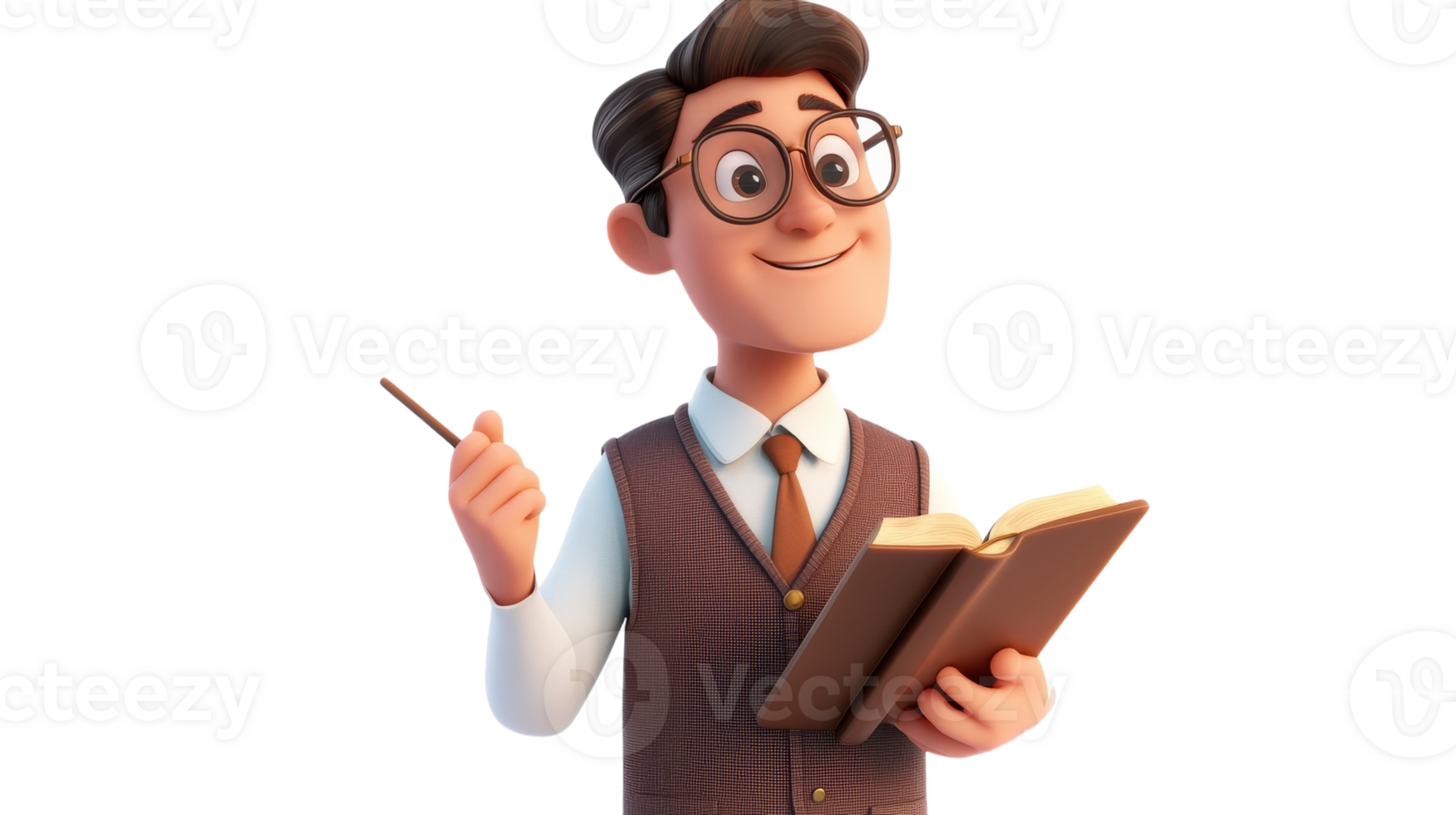 A friendly male teacher holding a book and a pen, ready to engage with his students in a bright classroom setting. png