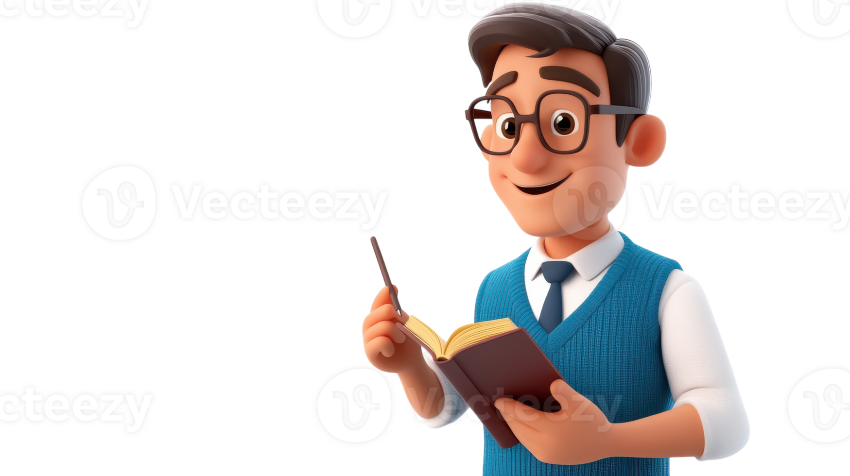 A cheerful character in a blue sweater holding an open book and a pencil, ready to share knowledge, in a modern classroom setting. png
