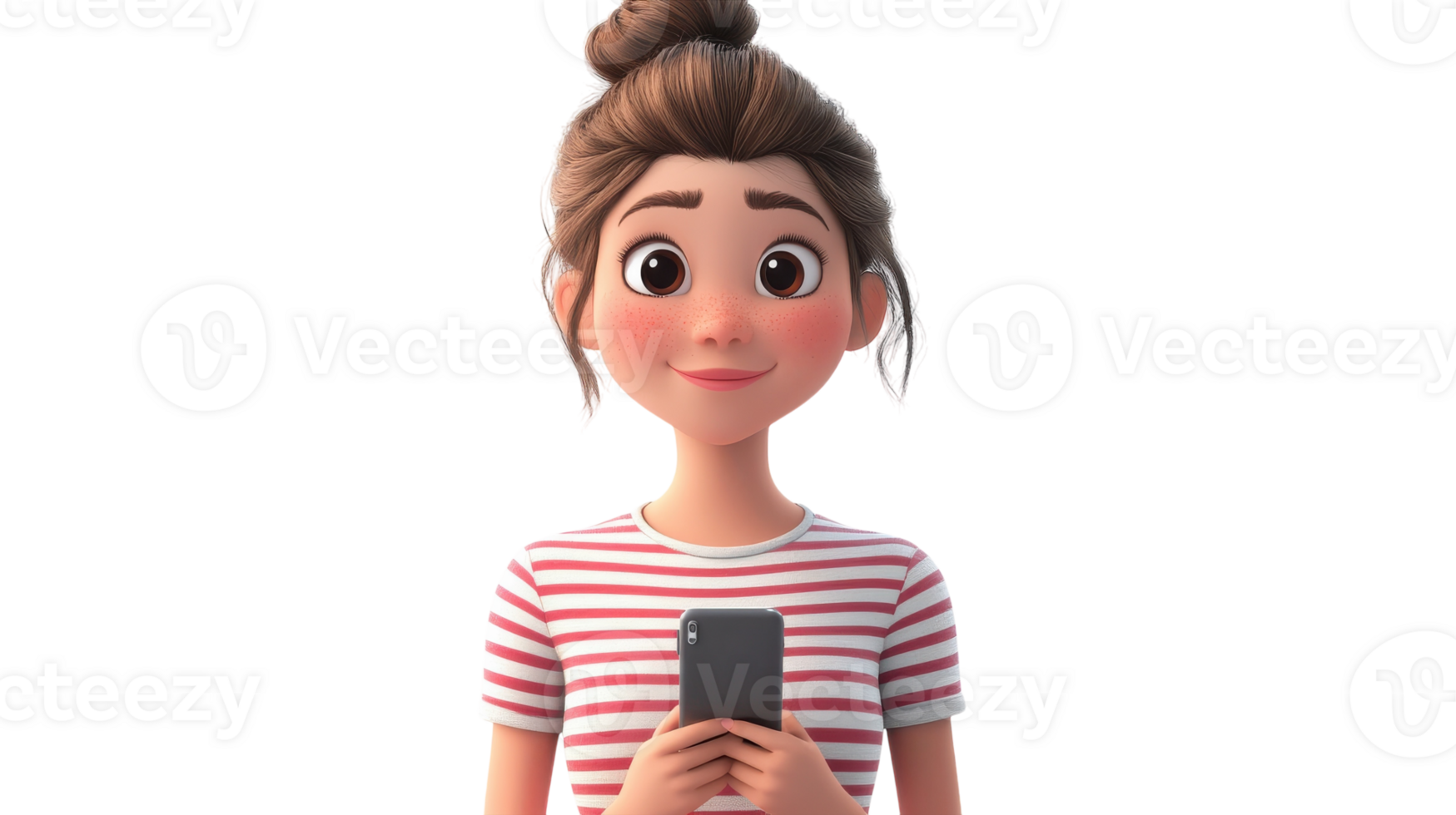A young woman with a bun hairstyle stands smiling while holding a smartphone against a transparent background. png
