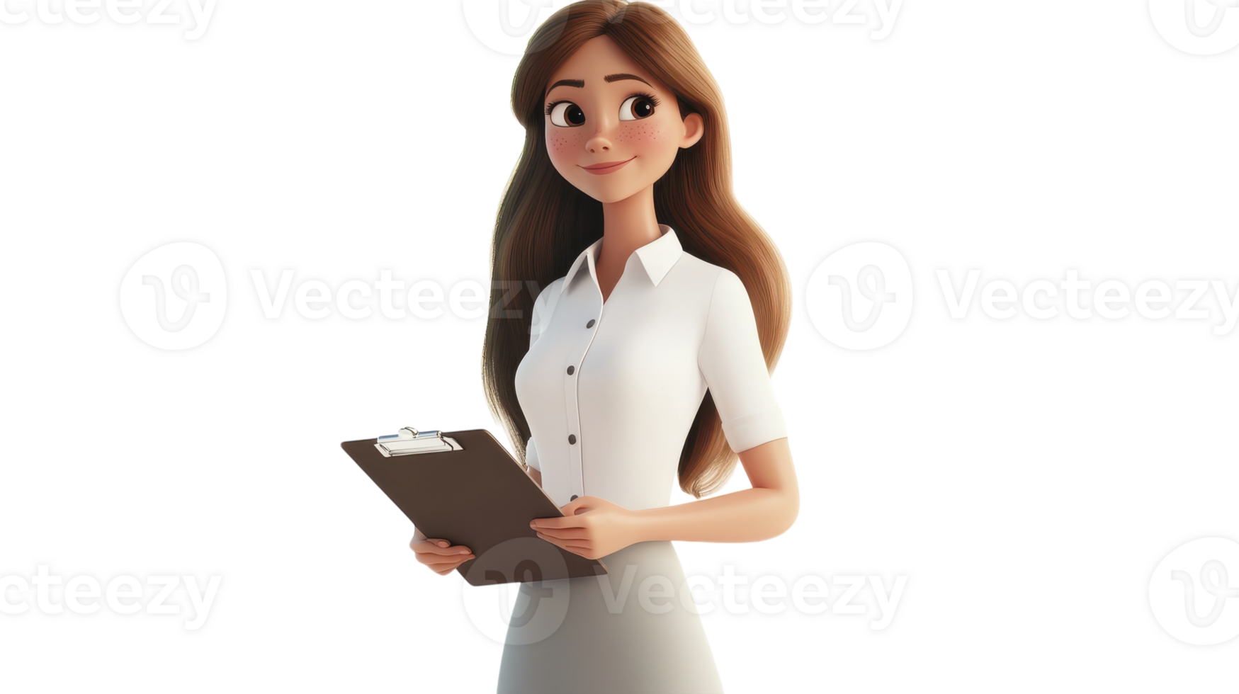A young woman holding a clipboard, dressed formally, with long brown hair and a confident smile, set against a transparent background. png