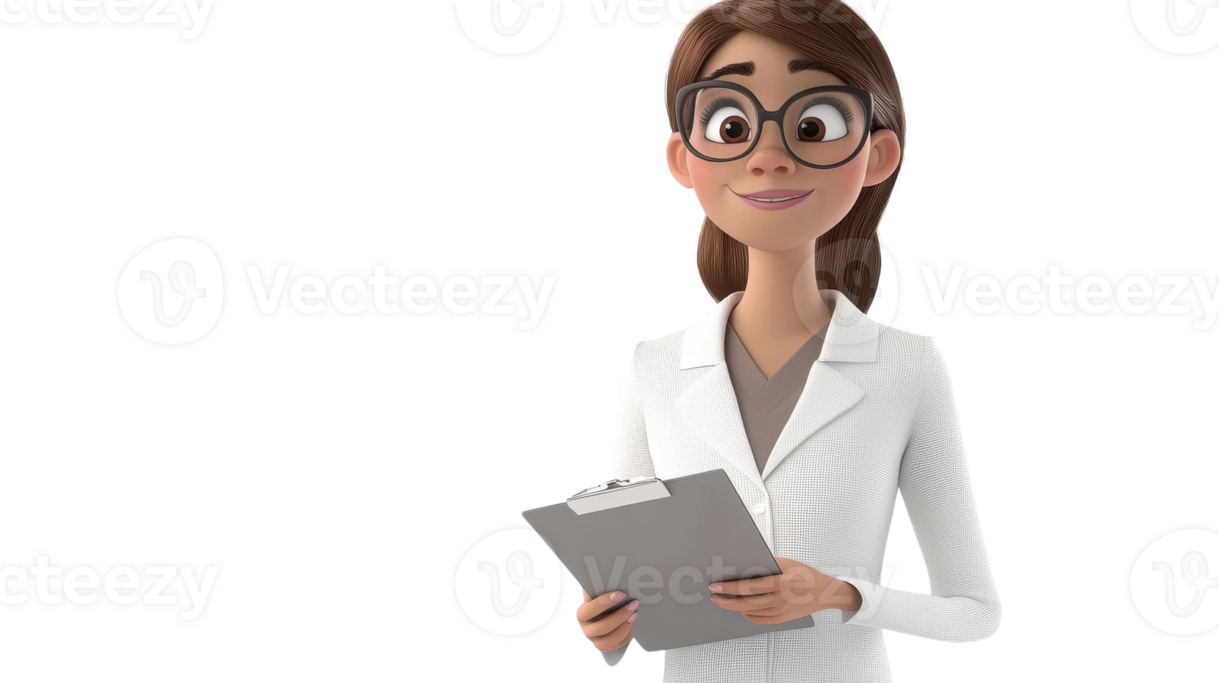 A friendly female character in a white coat holds a clipboard and smiles, showcasing professionalism and approachability in a clinical setting. png