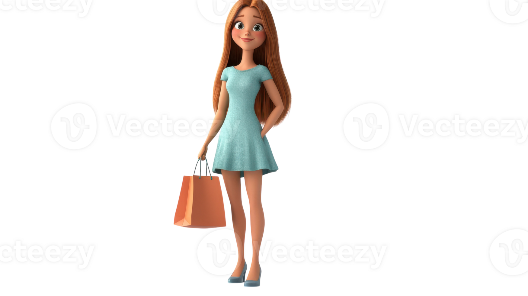 Young woman in a light blue dress holding shopping bags, standing against a transparent background. png
