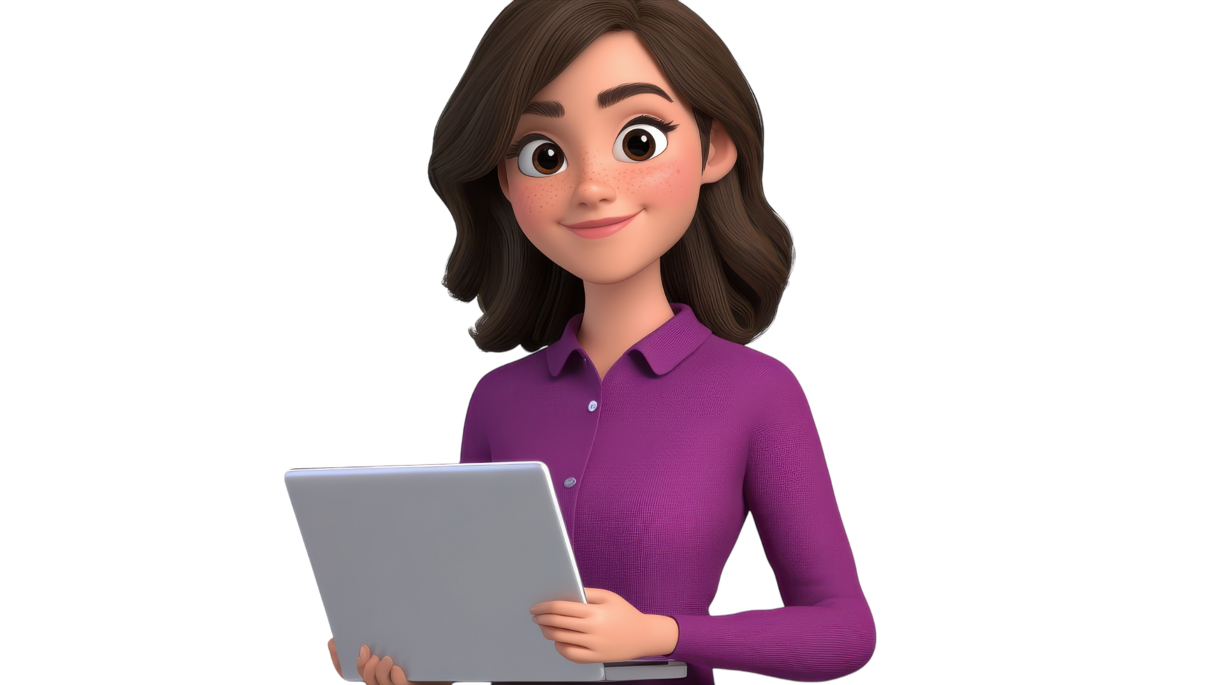 A young woman with brown hair holds a laptop while standing, showcasing a friendly expression in a digital setting. png