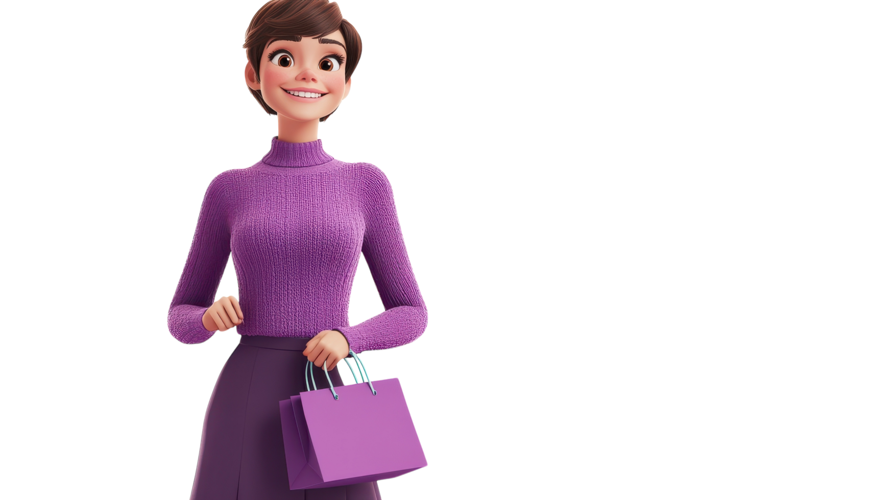 Cartoon character in a purple sweater holding a shopping bag, smiling cheerfully against a transparent background. png