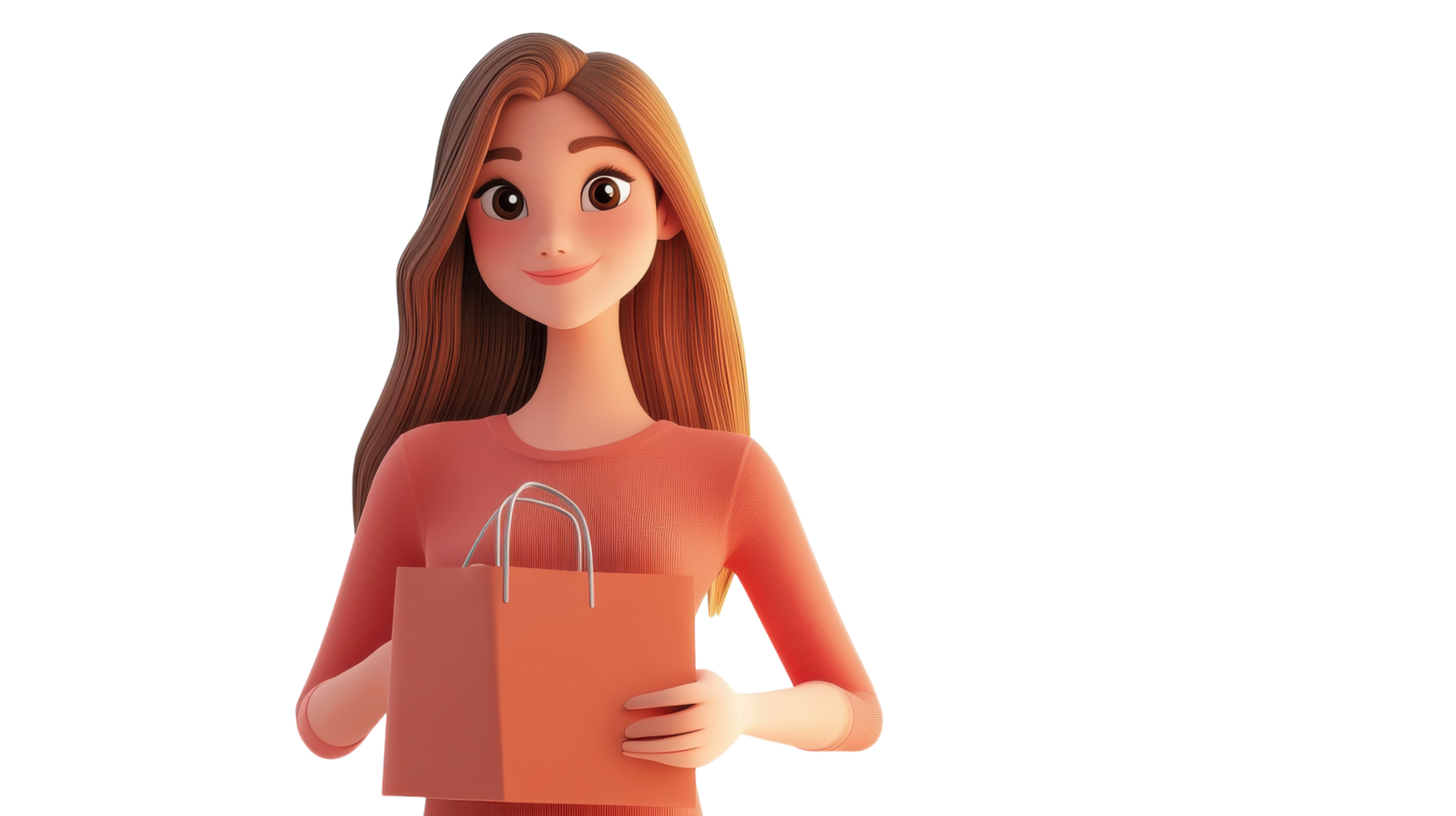 A cheerful young woman holding shopping bags in a casual outfit, posing in a bright and friendly atmosphere. png
