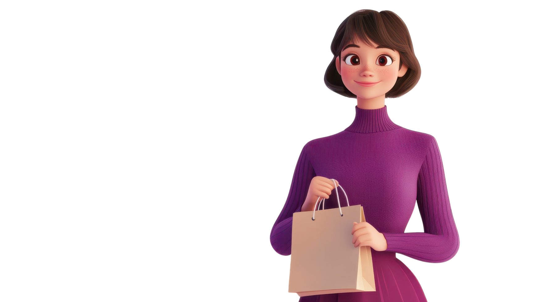 A young woman in a purple sweater holds a shopping bag in a cheerful pose, reflecting a fun day out shopping. png