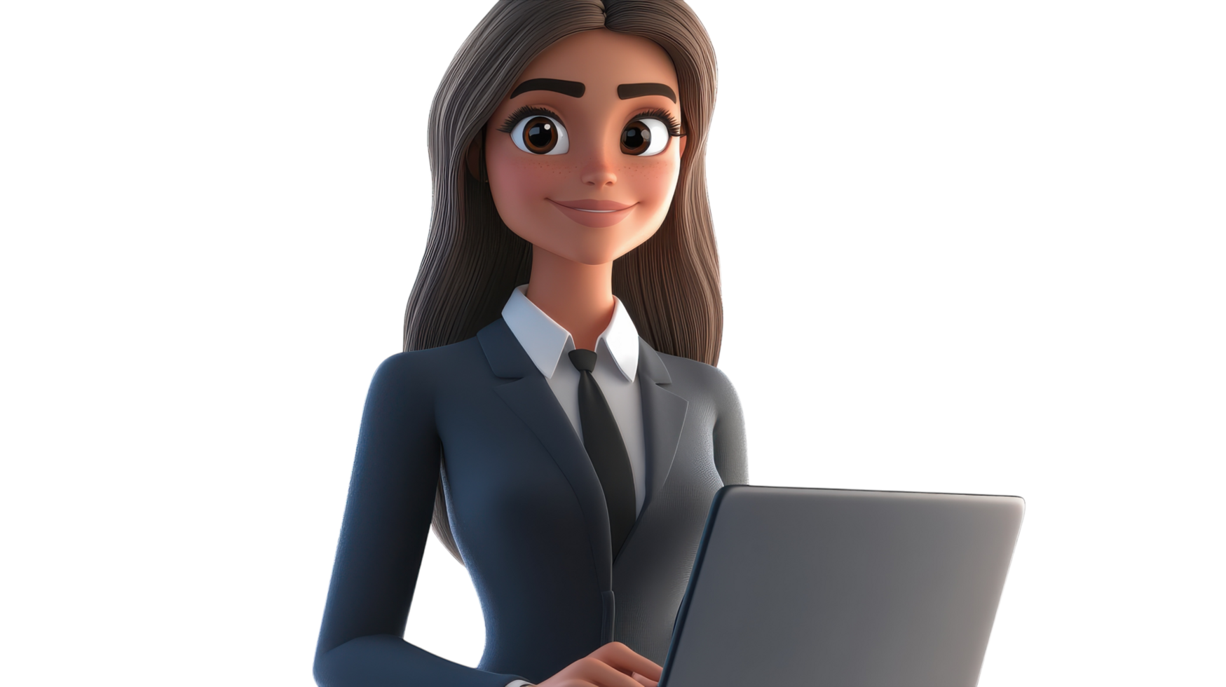 Professional woman in a suit working on a laptop in an office setting, showcasing focus and determination. png