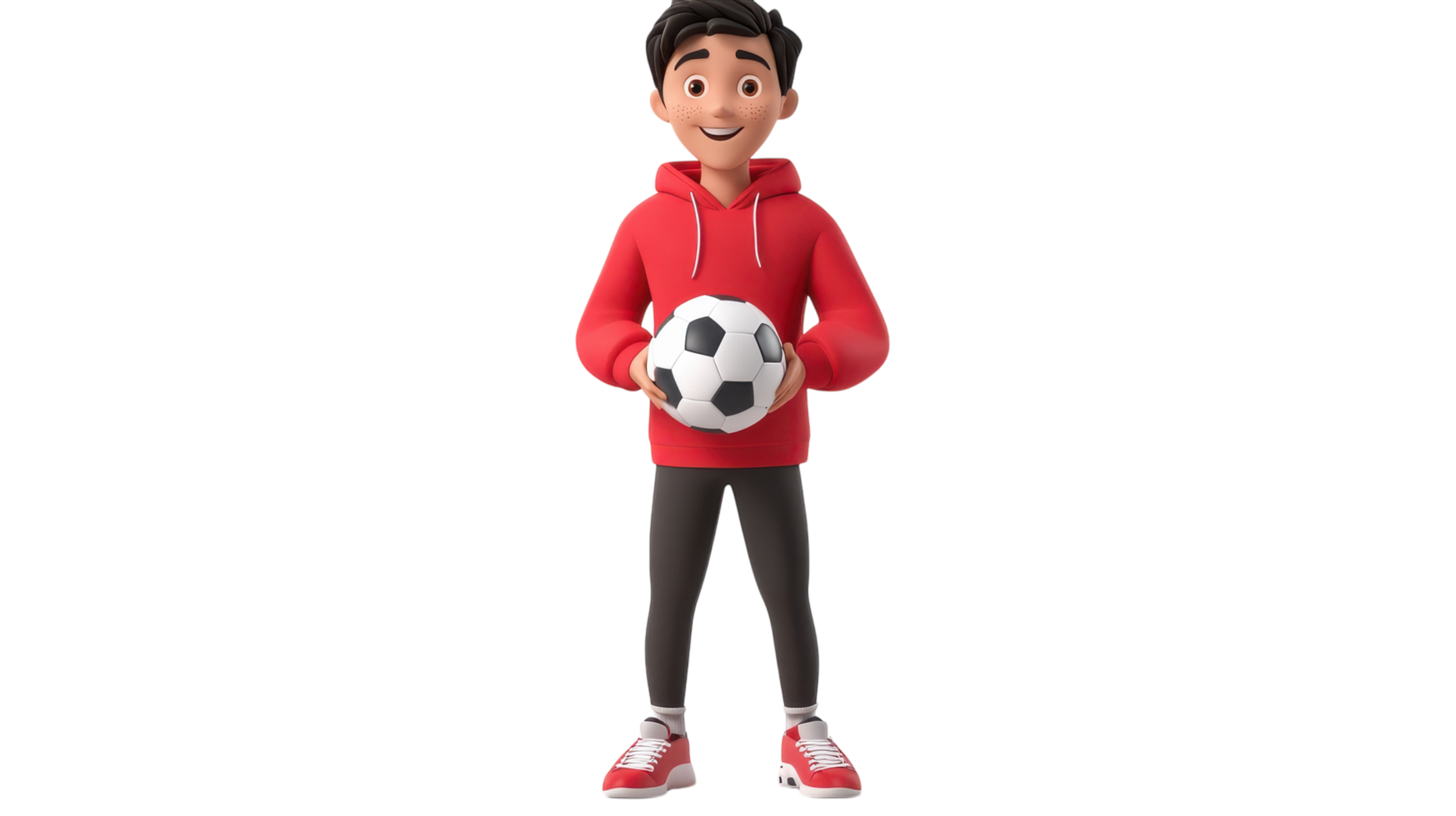 A young animated soccer player in a red hoodie holds a black and white soccer ball, ready for practice at a transparent background. png