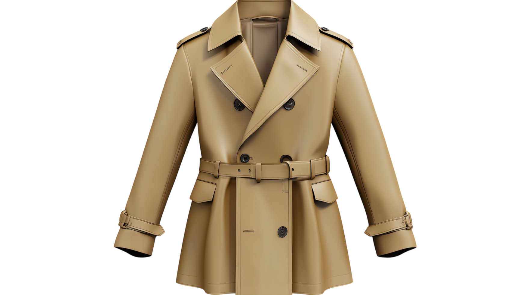 Classic beige trench coat featuring double-breasted design and adjustable belt, suitable for stylish layering during autumn. png