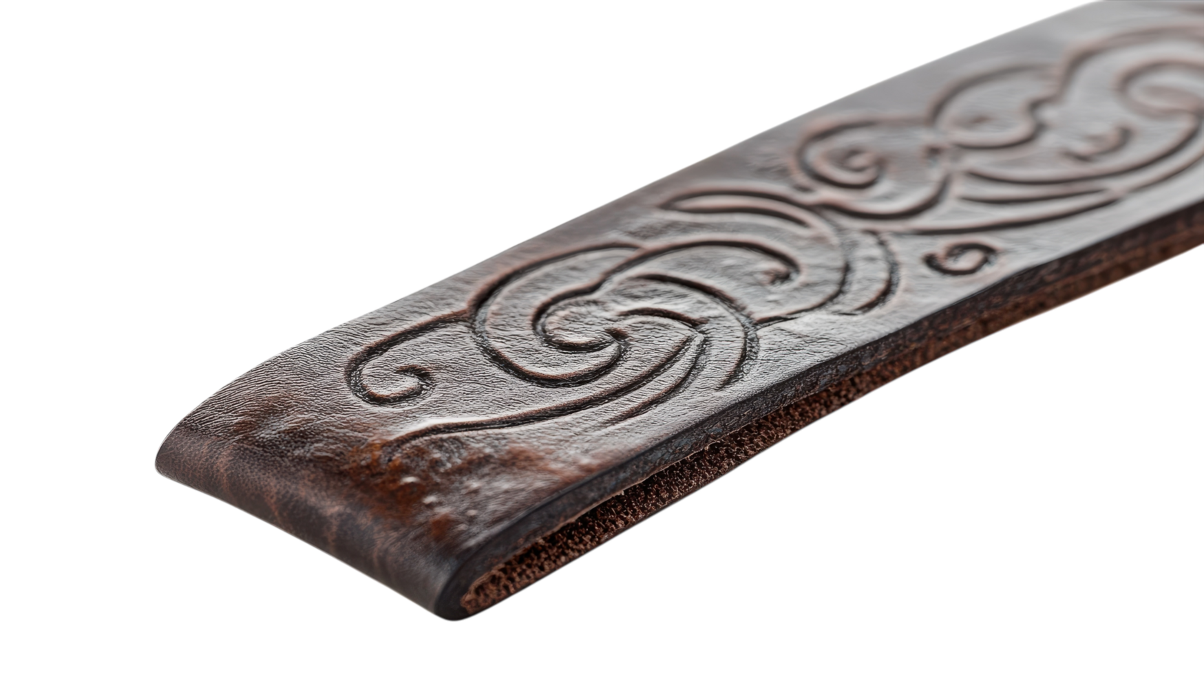 Decorative leather strap with intricate swirl patterns displayed on a transparent background. png