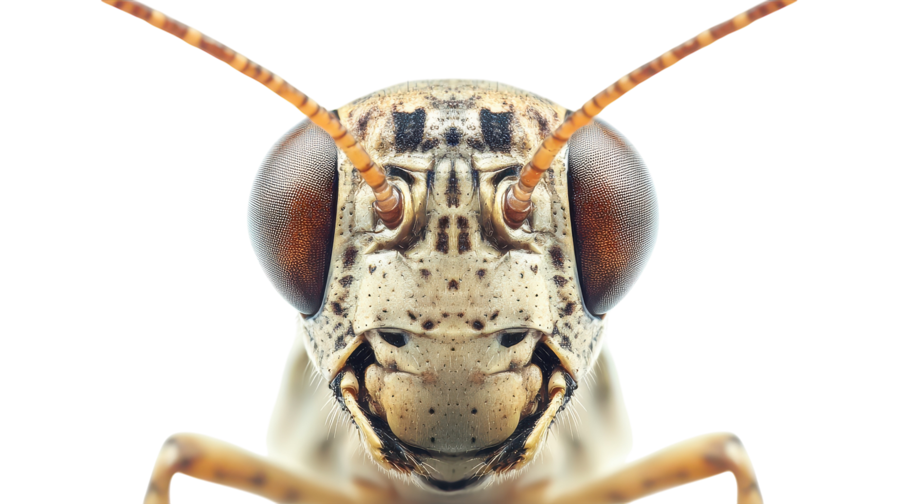 Close-up of a grasshopper showcasing intricate details of its eyes and antennae against a plain background. png