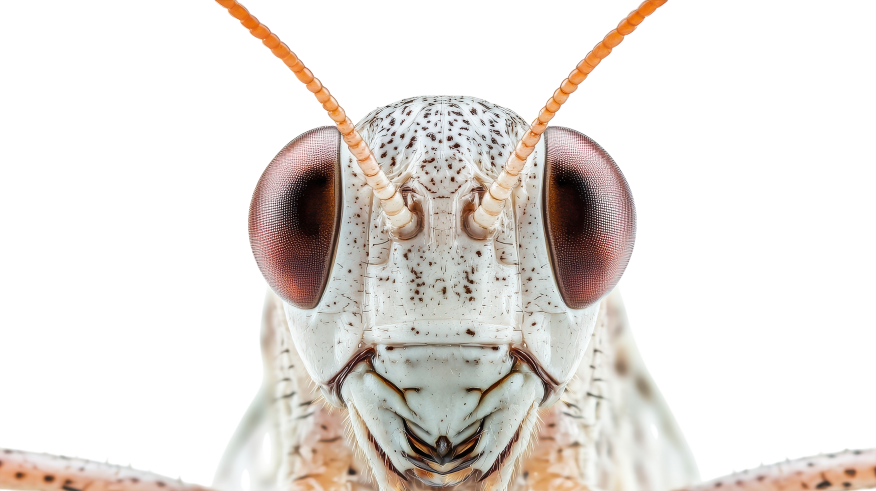 Close-up view of a grasshopper displaying intricate details of its eyes and antennae against a plain background. png