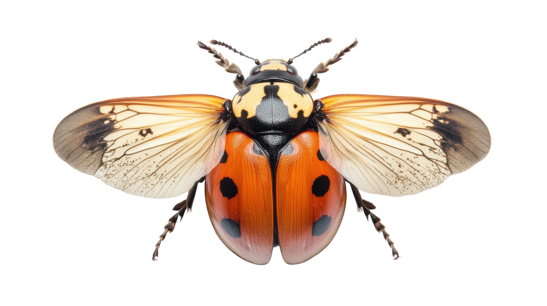 A vibrant ladybug with orange and black markings perched on a white background showcasing its unique wing structure and patterns. png