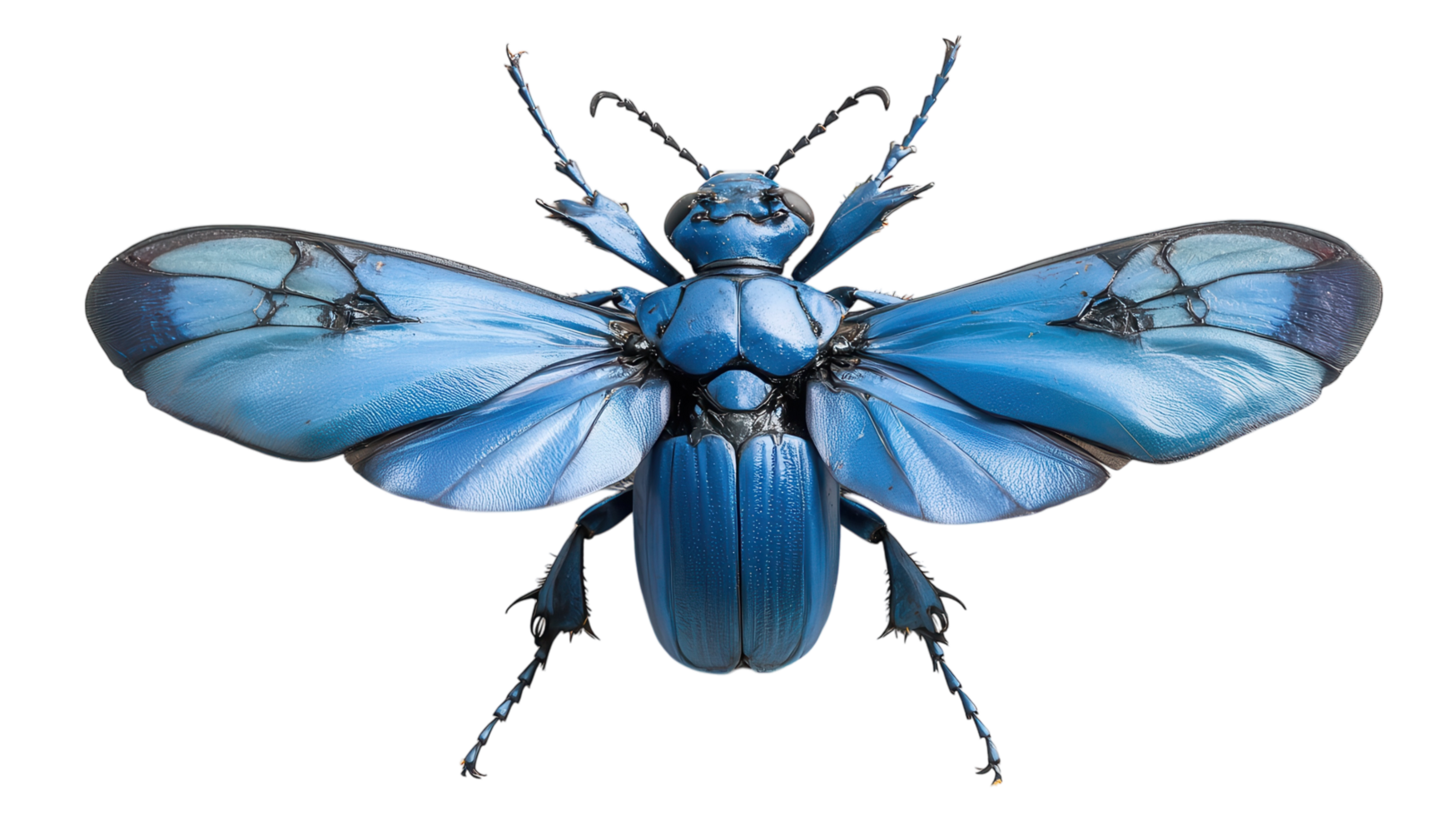 Vibrant blue insect with spread wings observed in a natural setting under clear lighting conditions. png