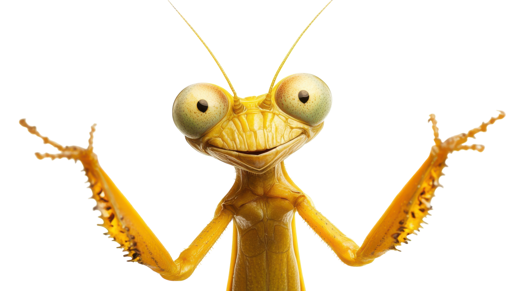 A cheerful yellow mantis standing with outstretched arms against a transparent background, conveying a playful and welcoming demeanor. png