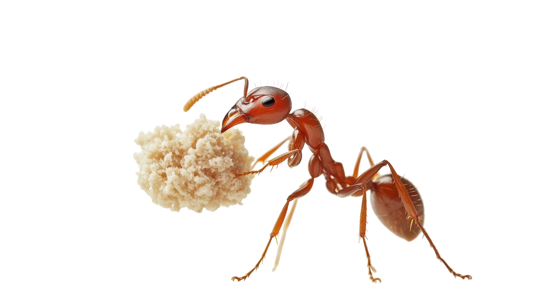 An ant carrying a piece of food on its back while foraging in a natural setting during daytime hours. png