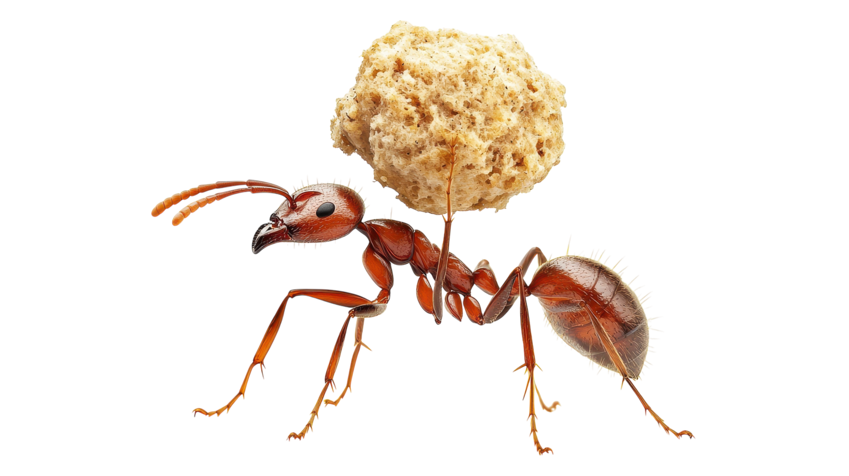 Ant carrying a large piece of food in a natural setting during daylight, showcasing its strength and determination. png